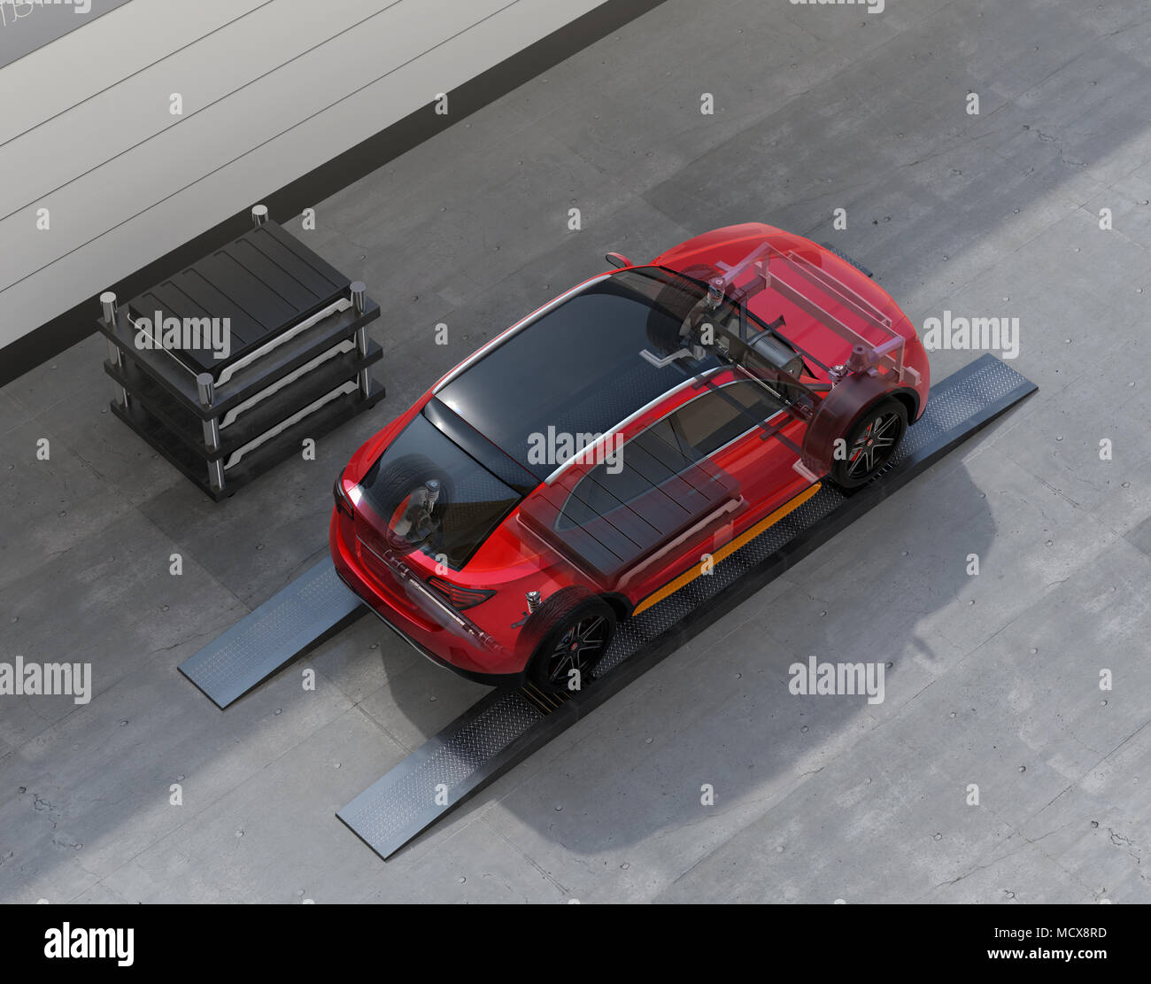 Electric SUV car exchange battery in battery swapping station. Fast battery exchange solution.  3D rendering image. Stock Photo