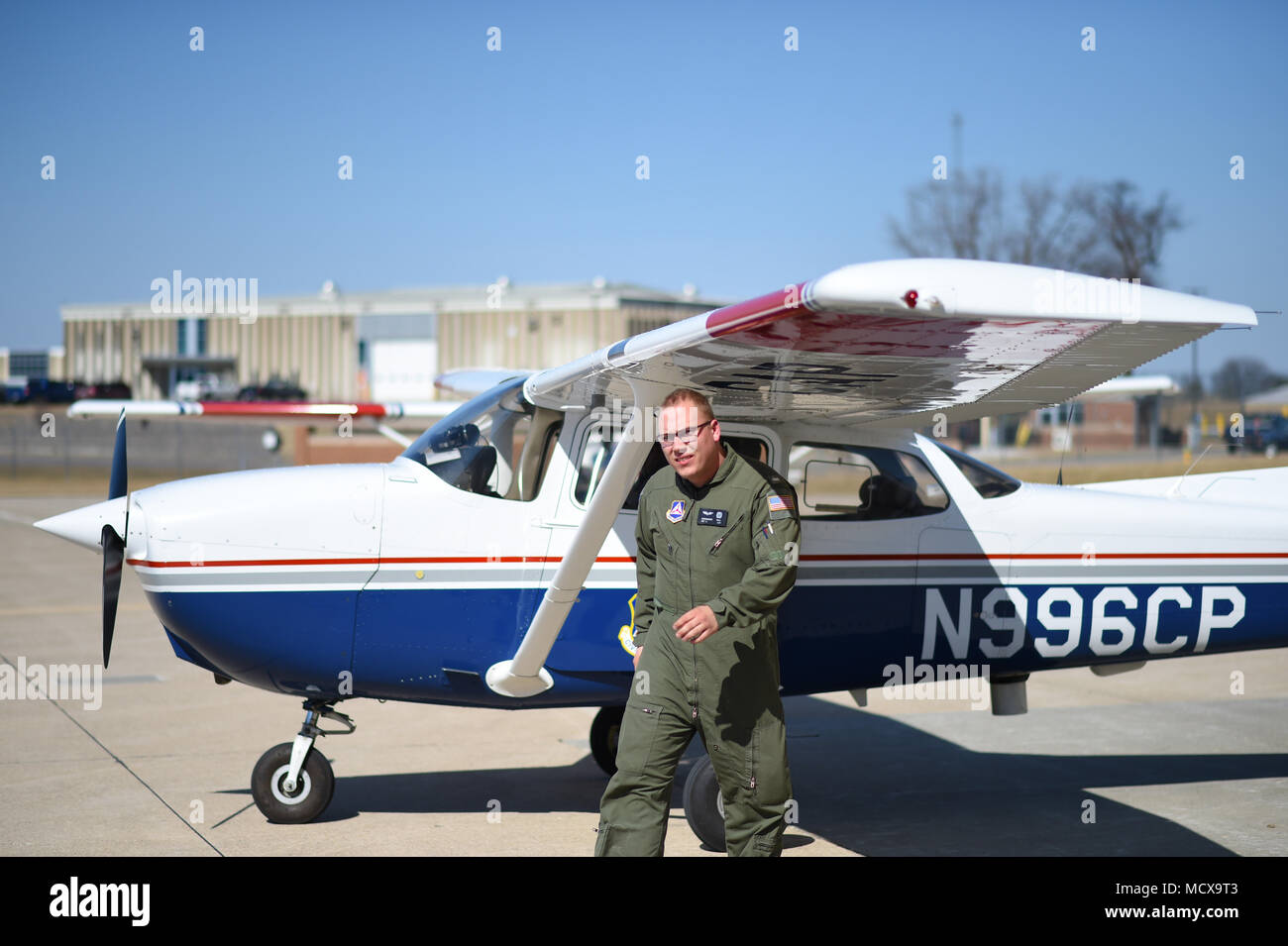 1st Lt. Alexander Paul, a Civil Air Patrol pilot, exits a Cessna 182
