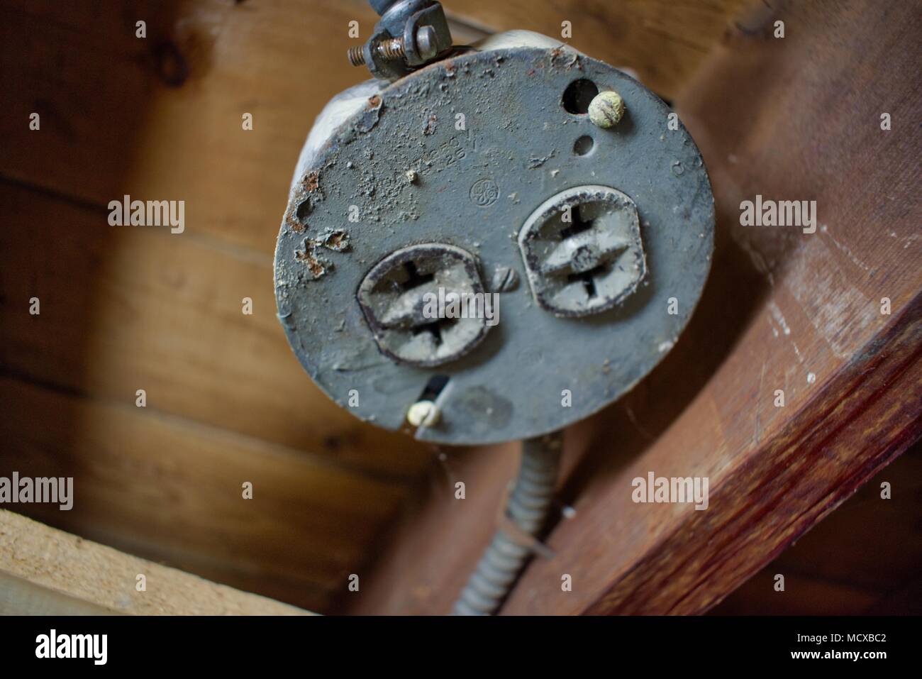Vintage Outlet Junction box with conduit Stock Photo Alamy