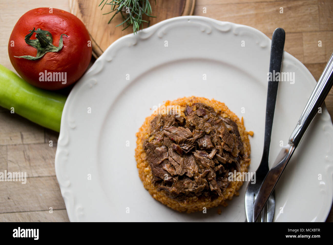 lamb meat with bulgur rice pilav or pilaf Stock Photo Alamy