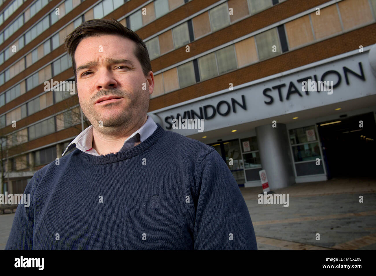 Martin Costello, UKIP candidate in Swindon, Wiltshire, photographed in front of Swindon station and the site of the new art gallery. Stock Photo