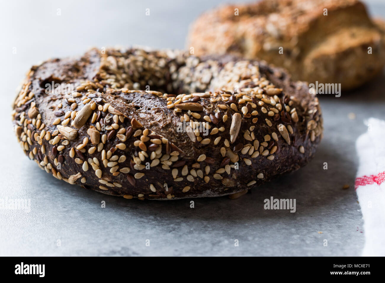 Healthy Organic Whole Grain Bagels with Chia Seeds and Sesame. Bakery