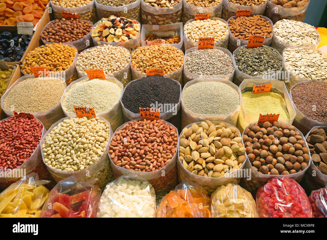 Dried Fruits and Nuts in Bulk Bags at Market Stock Photo Alamy
