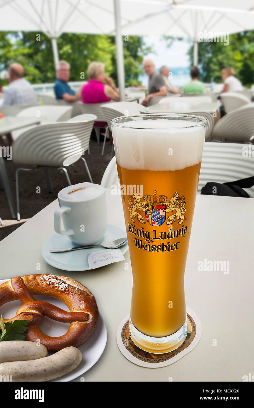 King Ludwig Weißbier and Weißwurst with pretzel, Upper Bavaria, Bavaria, Germany Stock Photo