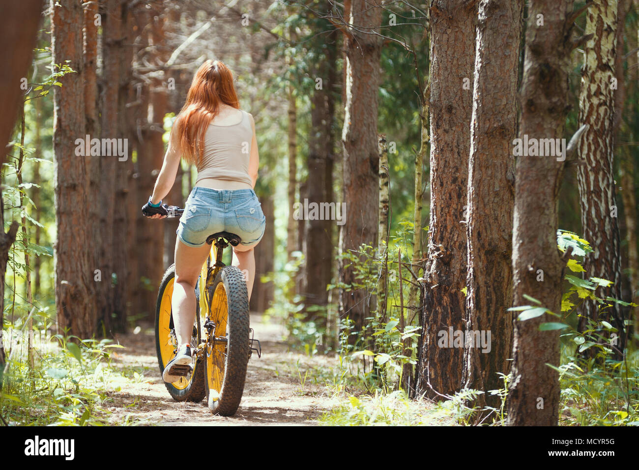 Rear view of young woman on fat bike in the woods Stock Photo Alamy