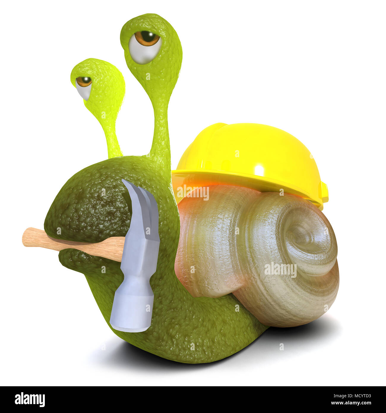 3d render of a funny cartoon snail bug character wearing a hard hat and  holding a hammer Stock Photo - Alamy