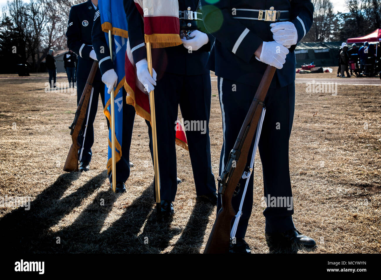 The Vance Air Force Base Honor Guard waits in formation to present the colors during the Annual Cherokee Strip Area 6 Special Olympics, March 7, 2018, Vance Air Force Base Okla. The first Special Olympics competition was held in 1968. (U.S. Air Force photo by Airman Zachary Heal) Stock Photo