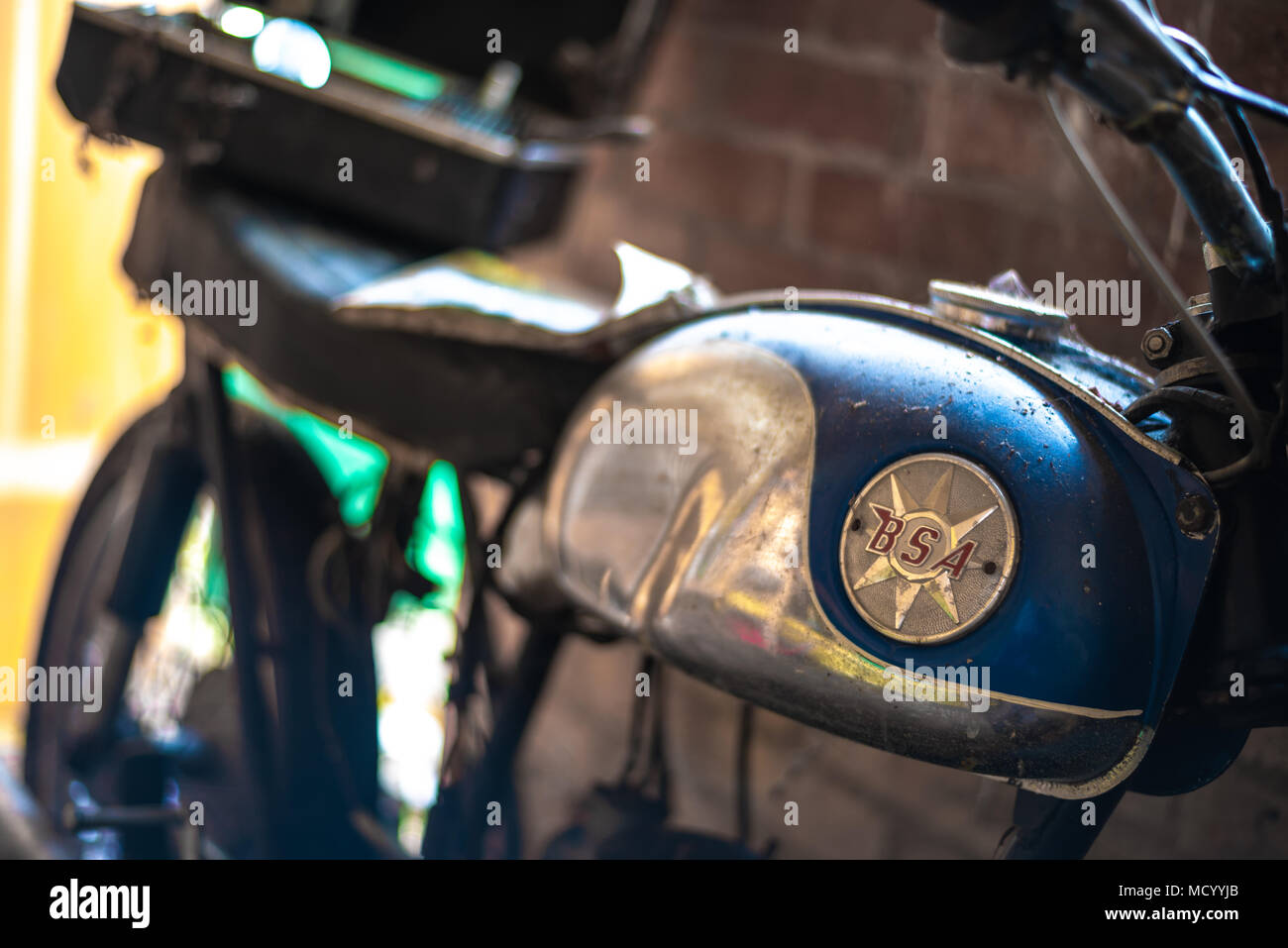 Old British bike in a shed. Stock Photo