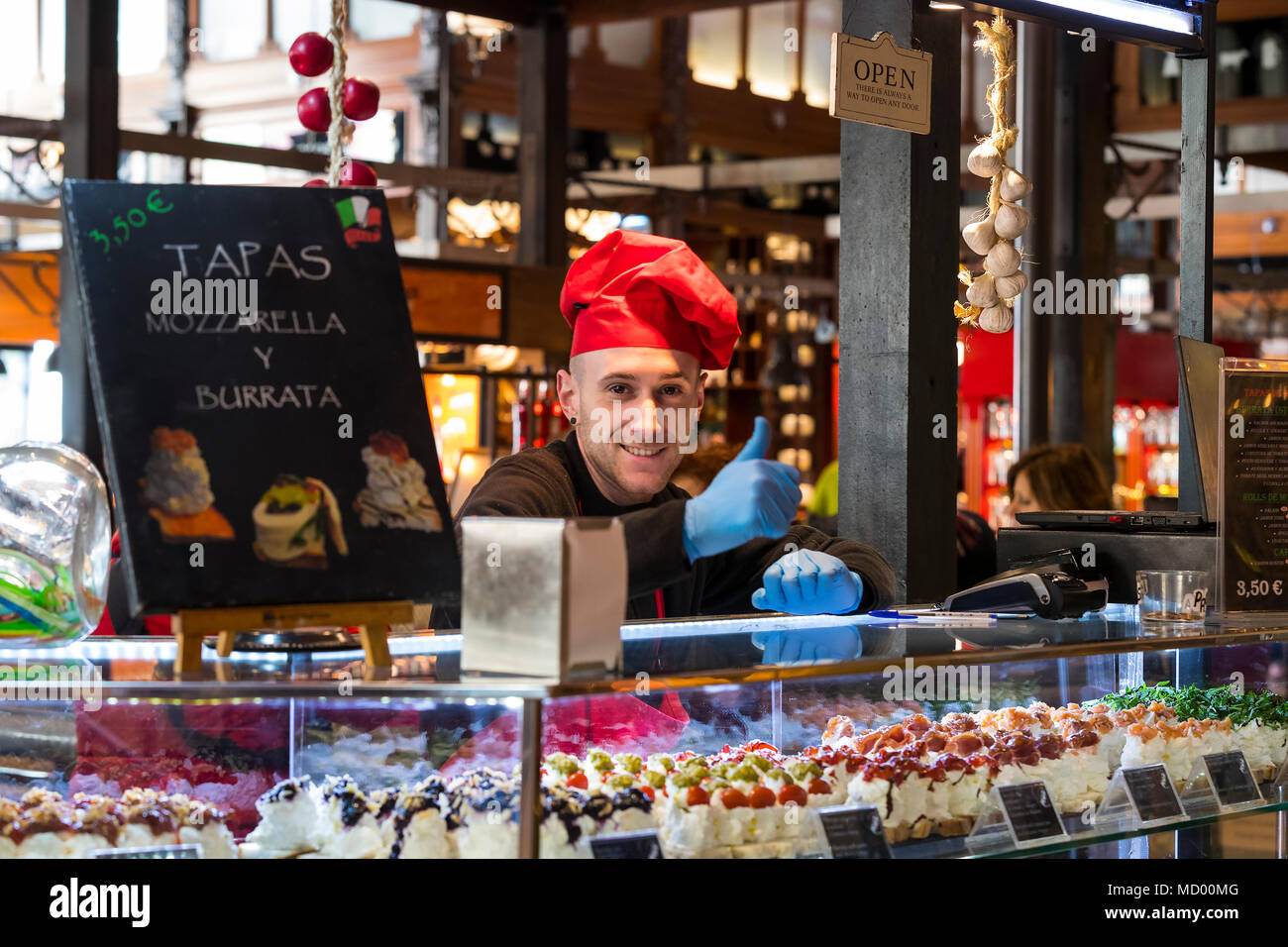 MADRID, SPAIN - 28 MARCH, 2018: Sightseeing market of San Miguel customer service. Stock Photo