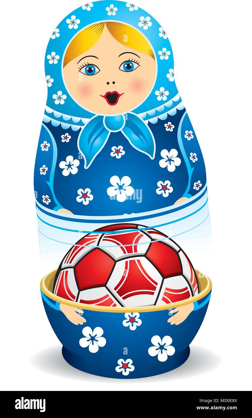 Blue matryoshka opening with a red soccer ball inside it on white
