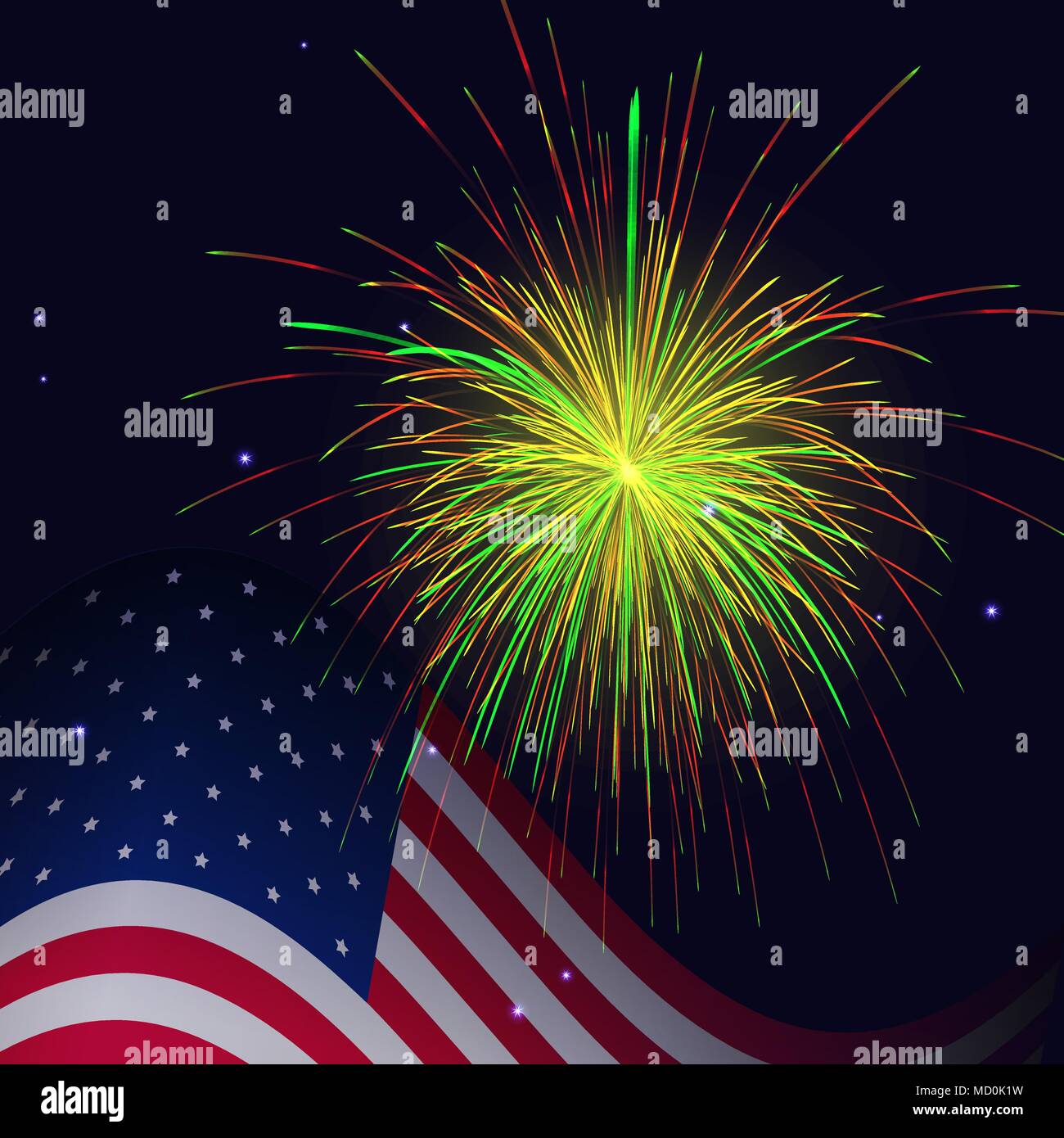 United States flag and celebration golden red green fireworks vector background. Independence Day, 4th of July holidays salute greeting card. Stock Vector