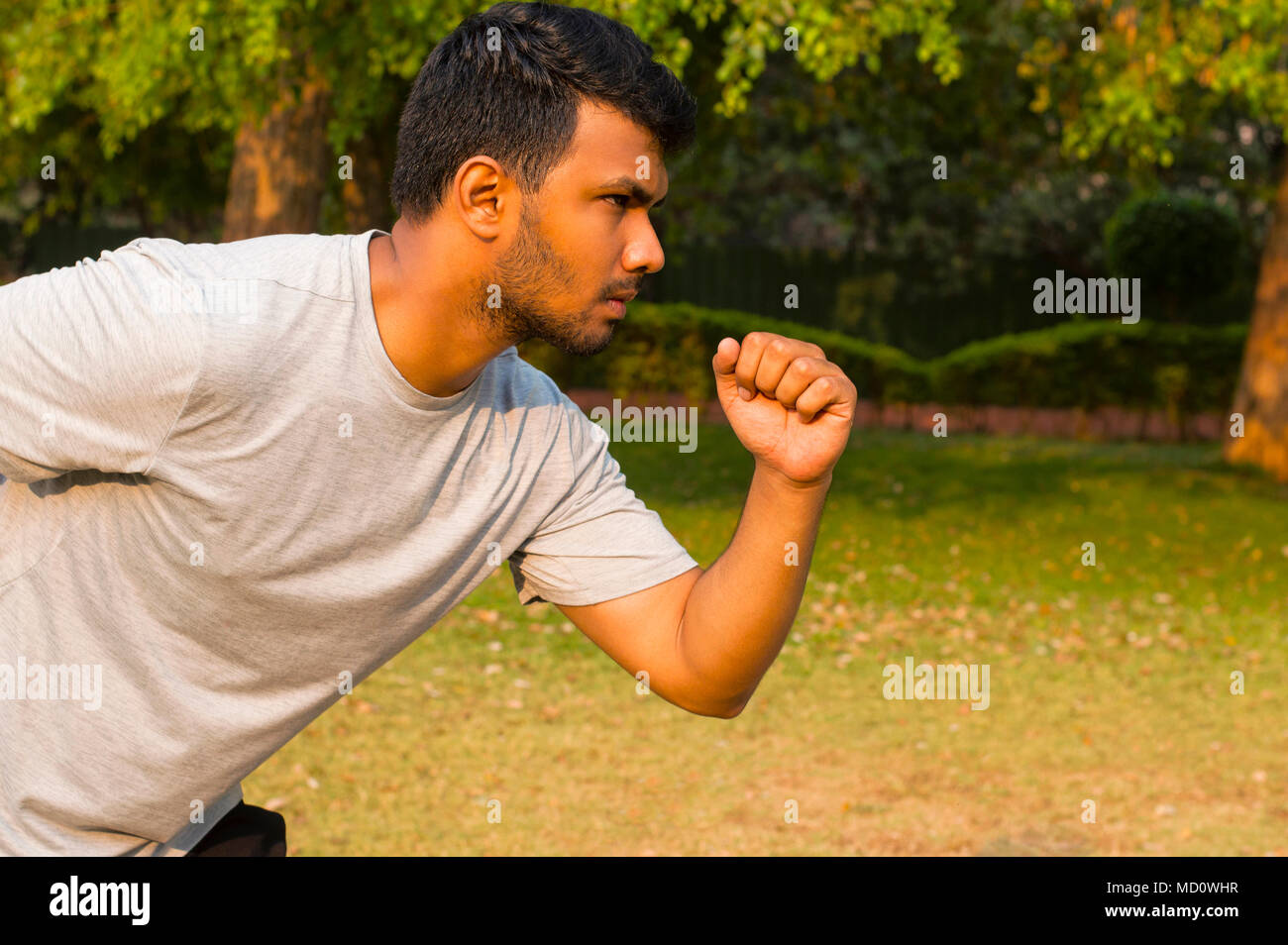 Close-up of a athlete in the ready position before going for a run Stock Photo