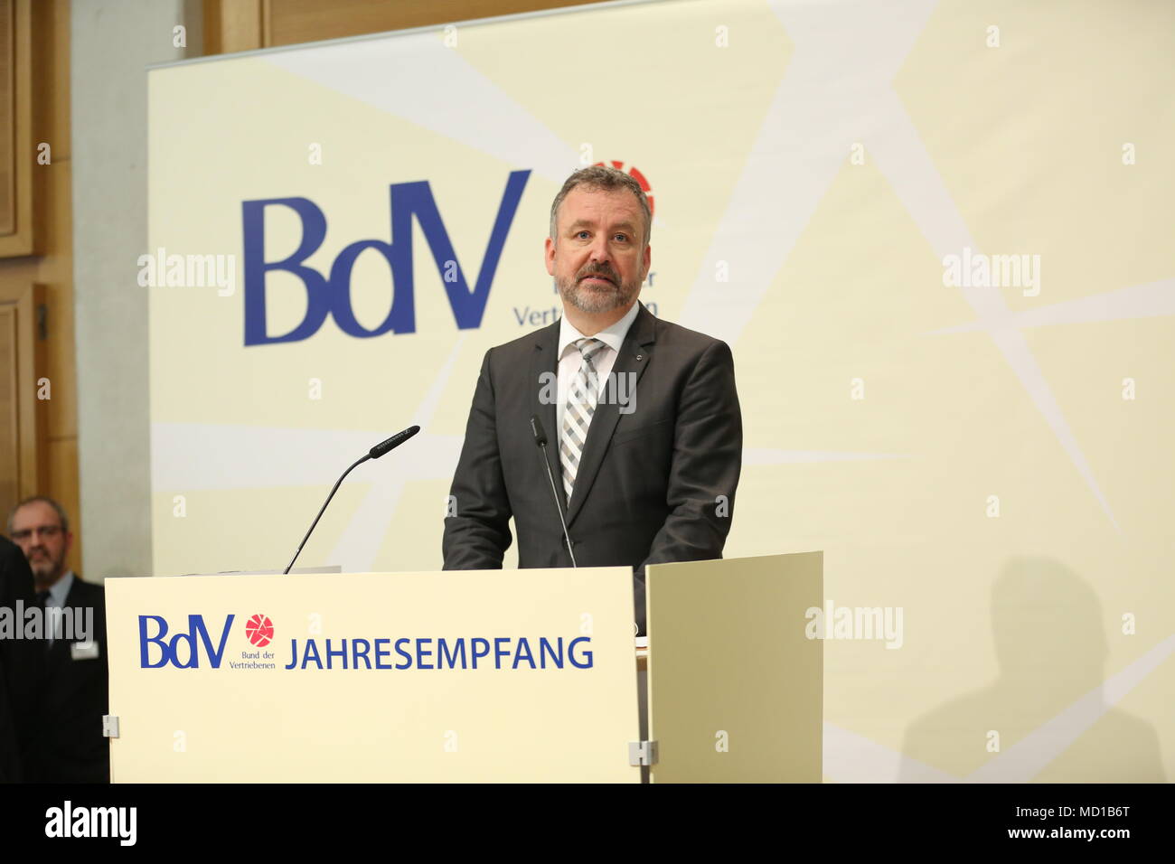 Berlin, Germany. 17th Apr, 2018. Berlin: BdV president dr. Bernd Fabritius gives a speech at the Annual Reception of the Federation of Expelled Persons at the Hotel Aquino Tagungszentrum/Katholische Akademie. She stands at the lectern. Credit: Simone Kuhlmey/Pacific Press/Alamy Live News Stock Photo
