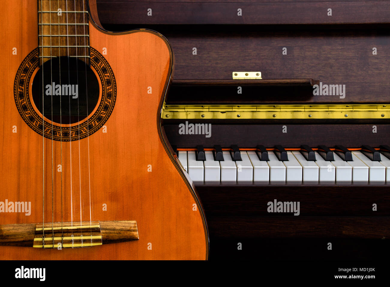 close up of classic guitar over piano keys for music background with copy  space Stock Photo - Alamy