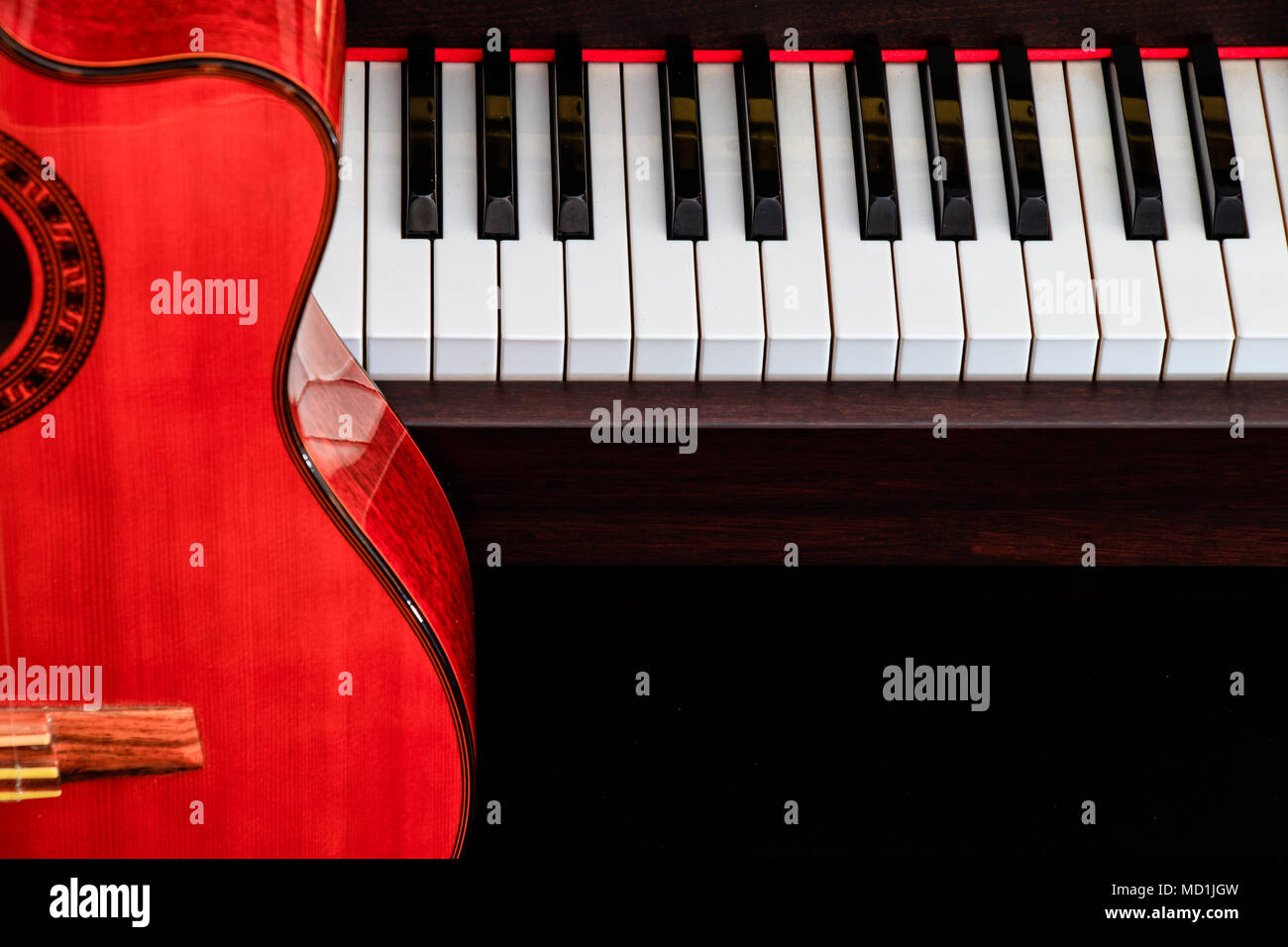 close up of classic guitar over piano keys for music background