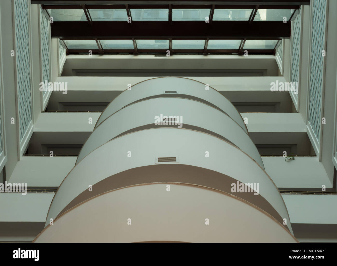 Abstract architecture composition with leading lines. White round balconies. Stock Photo