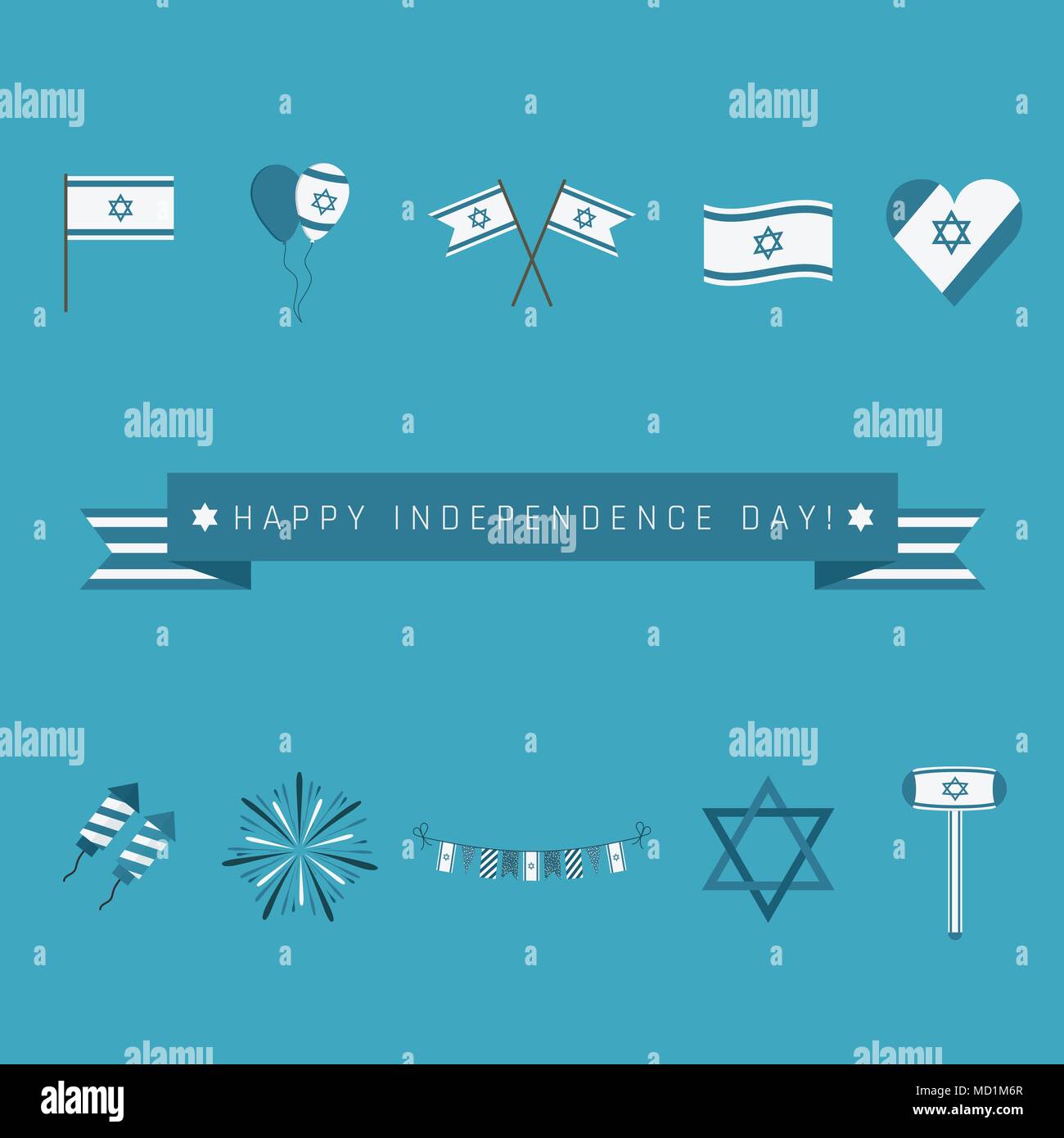 Israel Independence Day holiday flat design icons set with text in