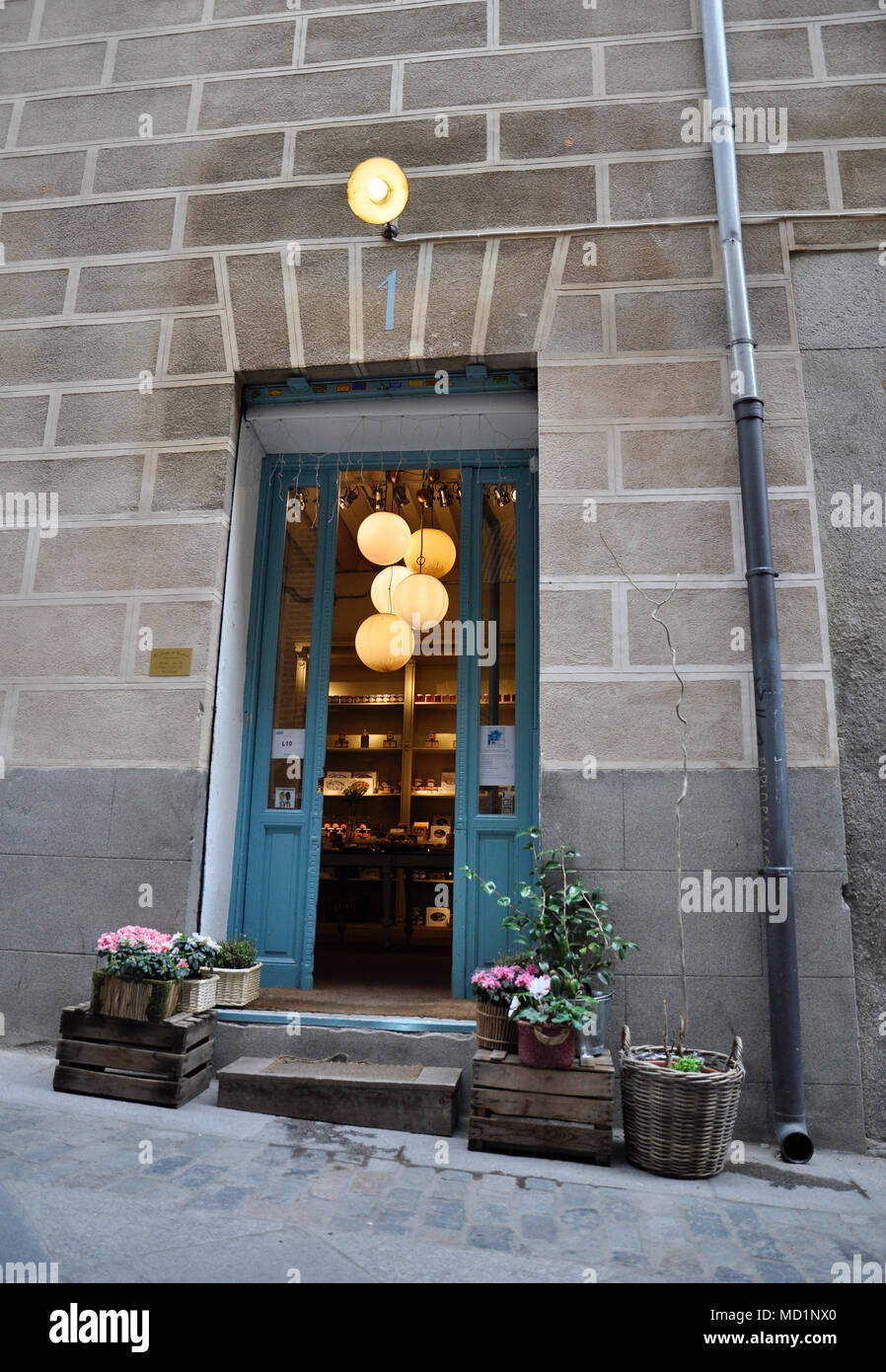 Storefront and entrance of El Jardín del Convento, Spanish convents and monasteries pastries rustic style shop, in Madrid old town (Spain) Stock Photo