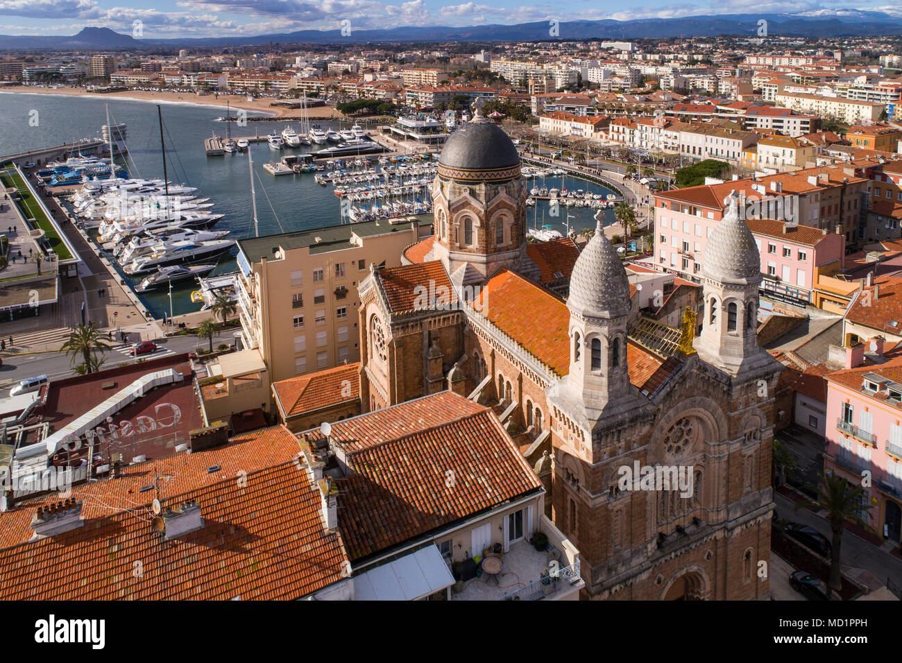 France, Var, Aerial view of Saint Raphael, Harbor and Notre Dame de la Victoire church Stock