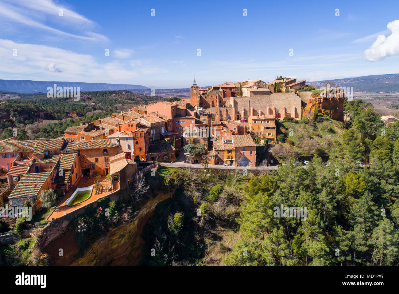 France, Vaucluse, Roussillon, Natural Regional Park of Luberon, labelled The Most Beautiful Villages of France, perched village with ochre facades, Stock Photo