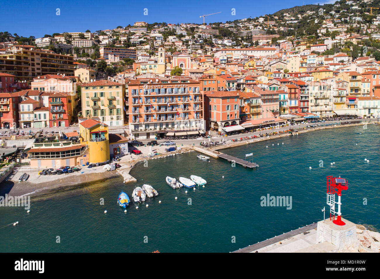 Aerial view of Villefranche-sur-Mer, a famous village on the French riviera Stock Photo