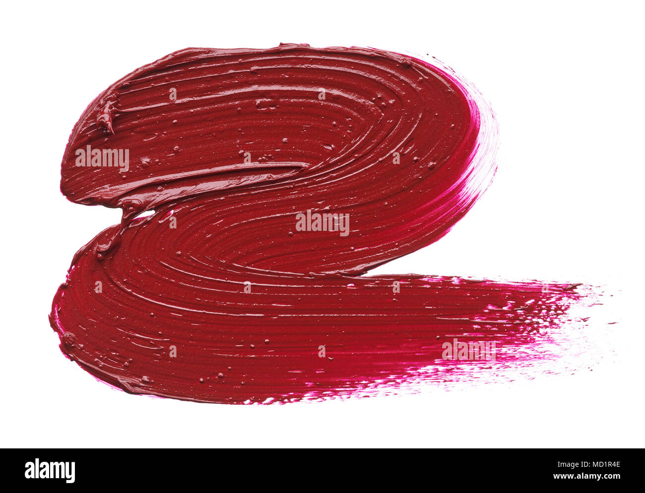 Red makeup smear of lip gloss isolated on white background. Red lipstick texture isolated on white background. Texture of broken red lipstick Stock Photo