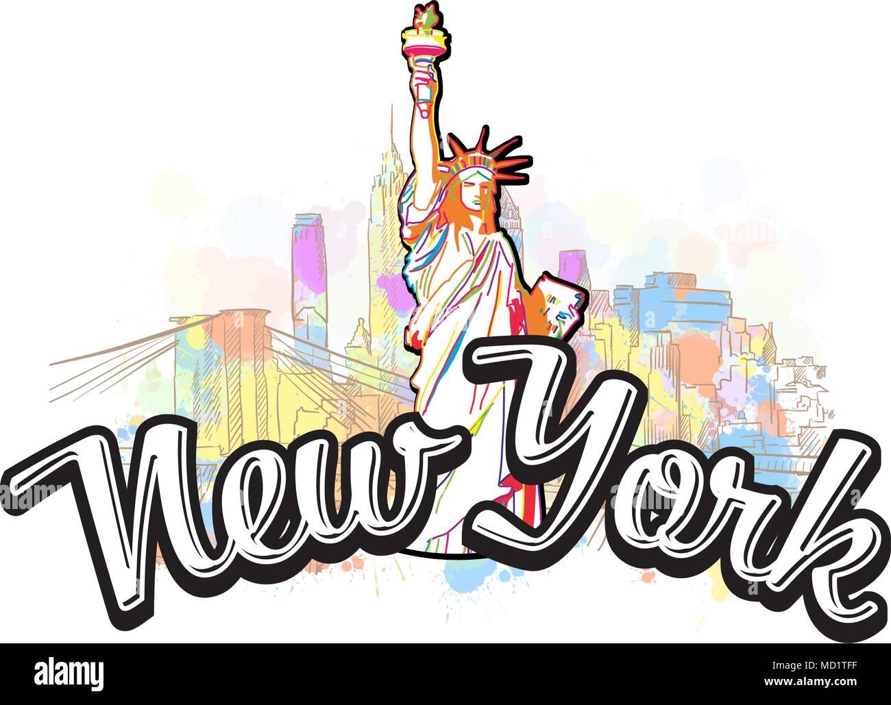 New York Liberty Statue Drawing with Headline. Hand drawn skyline illustration. Travel the world concept vector image for digital marketing and poster Stock Vector