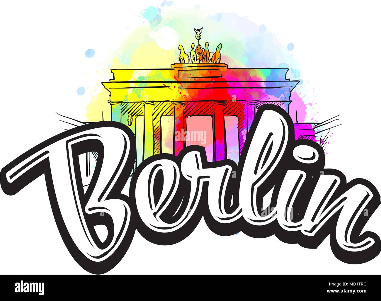 Berlin Brandenburg Gate Drawing with Headline. Hand drawn illustration. Vector image for digital marketing and poster prints. Stock Vector