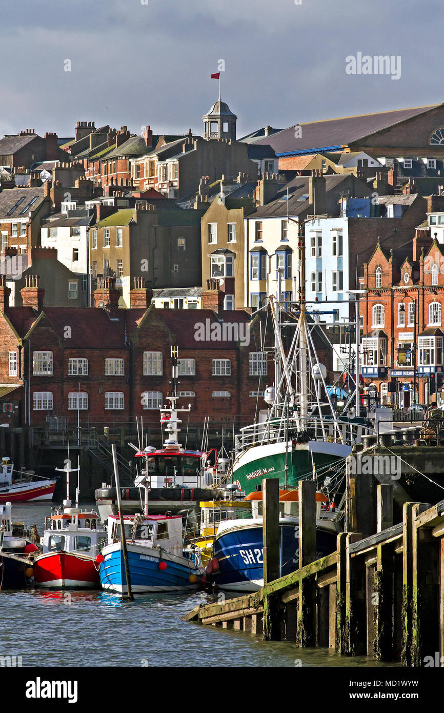 Scarborough Harbour moorings. A collection of fishing boats seen against a backdrop of the town’s sea front buildings. Stock Photo