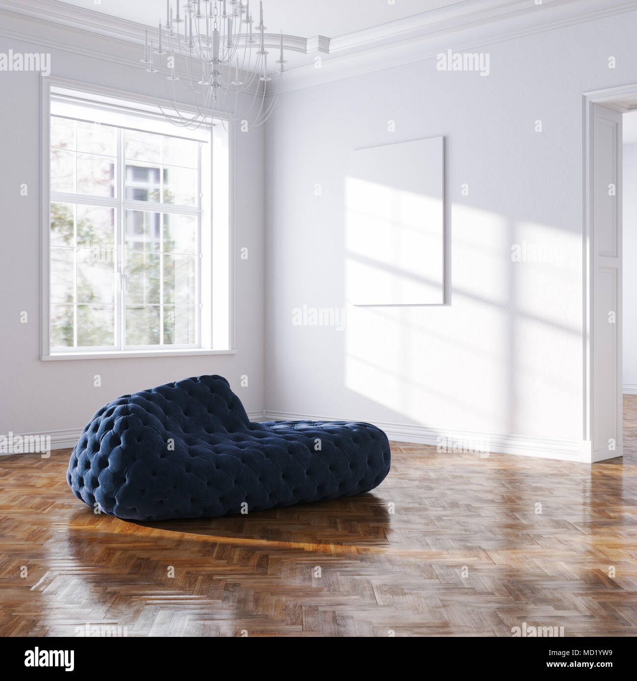 Vintage blue velvet sofa in white classic interior 3d render Stock