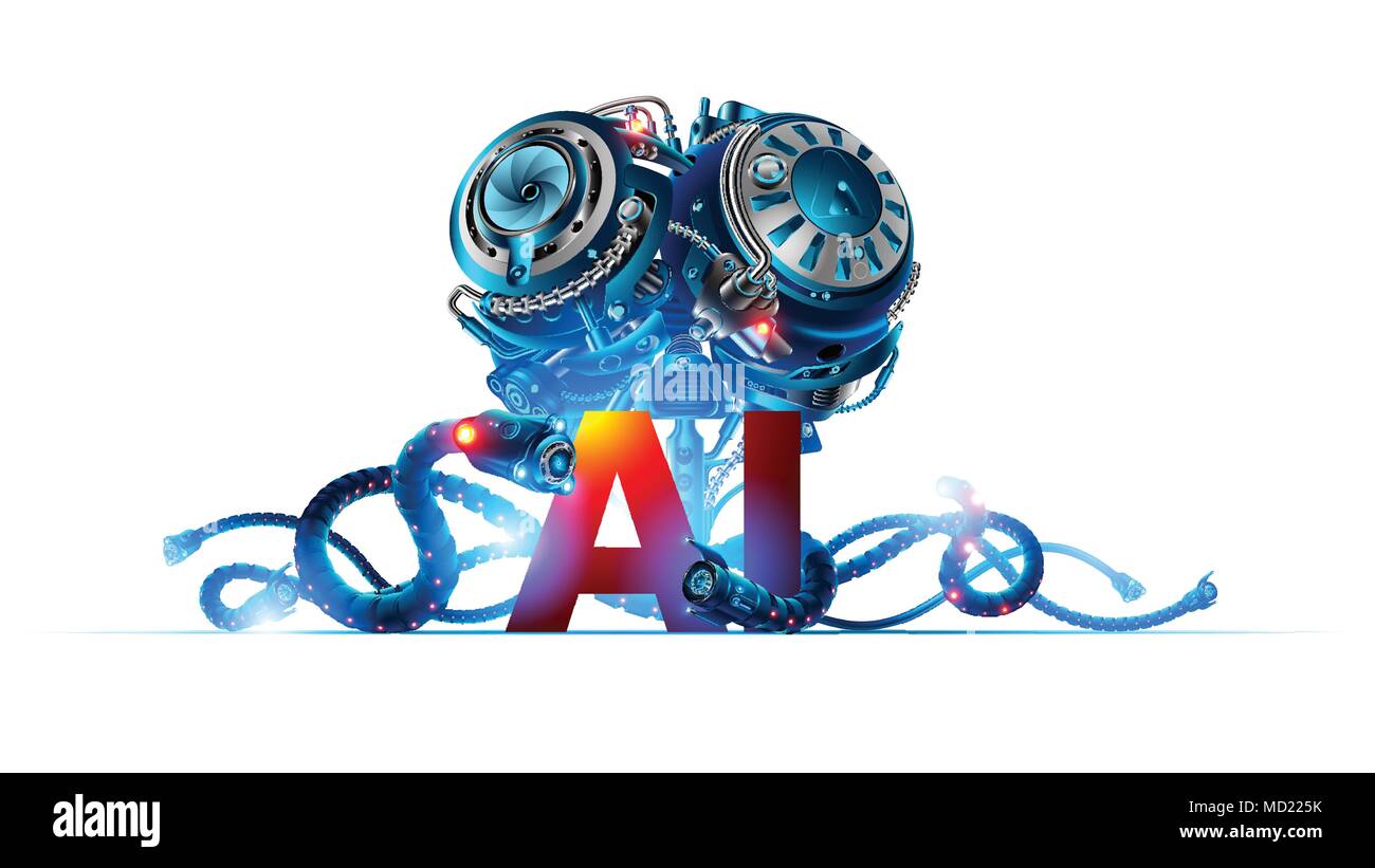 Banner about artificial intelligence or robotics brain with letters ai. Machine learning technology. Future concept background Stock Vector