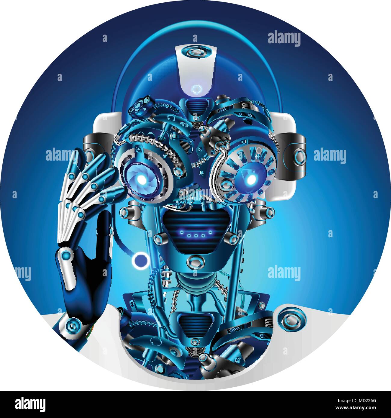Robot face with headphone and microphone answering questions. Avatar or  user pic technical support. Cyborg or bot with Artificial intelligence  Stock Vector Image & Art - Alamy