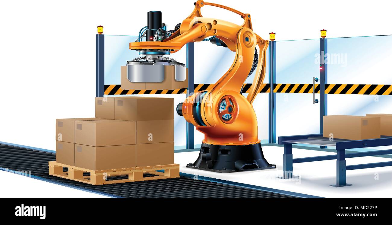 Robot Palletizing Systems, Robotic arm loading cartons on pallet. Stock Vector