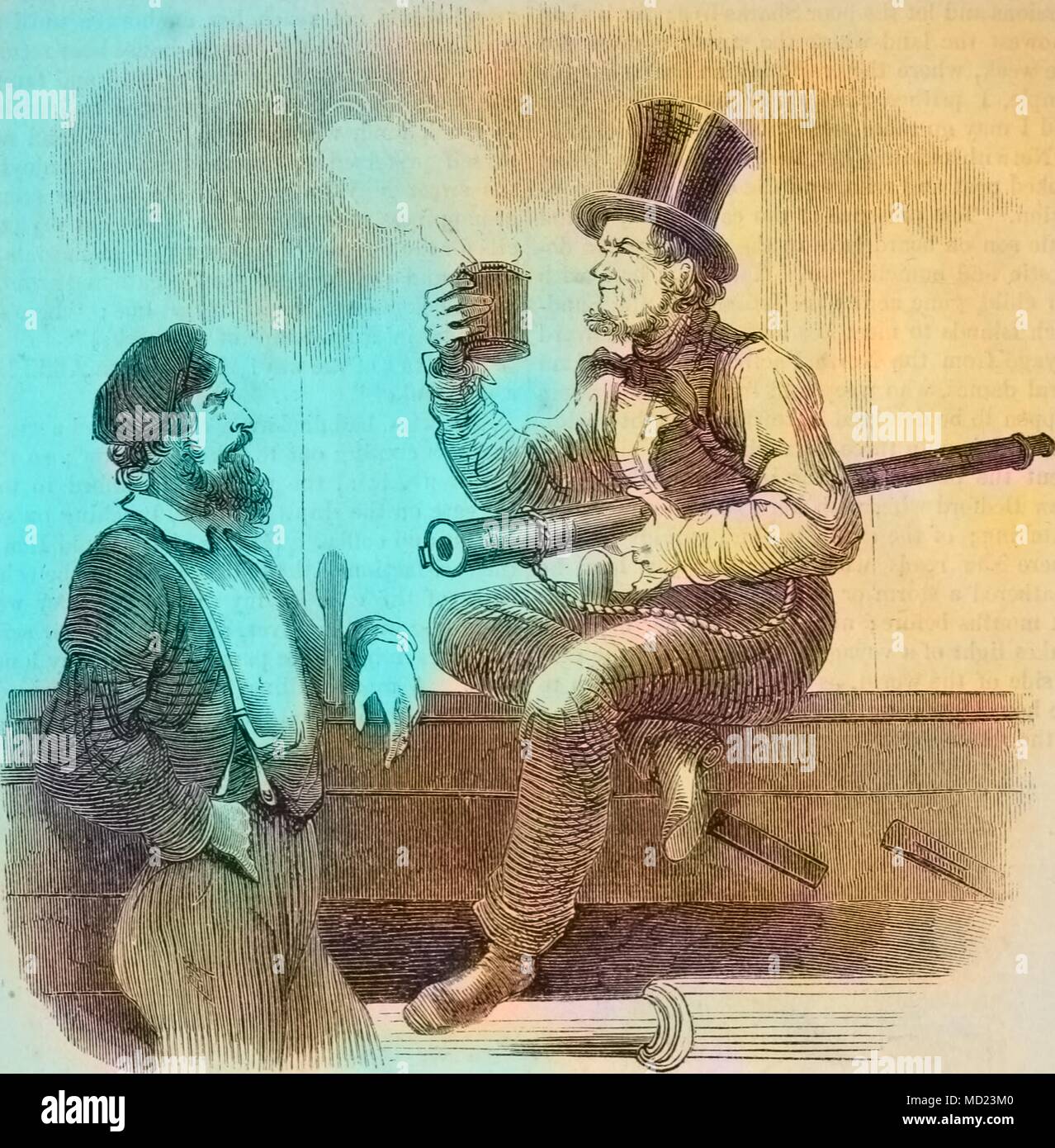 Engraving of a cook and the pilot of a whaling ship, holding a telescope and cup of coffee, 1860. Note: Image has been digitally colorized using a modern process. Colors may not be period-accurate. () Stock Photo