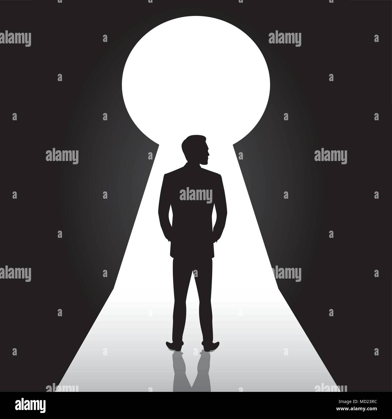 Businessman silhouette standing front of door keyhole,man in suit  stand thinking, dreaming, planning.Stock vector illustration Stock Vector