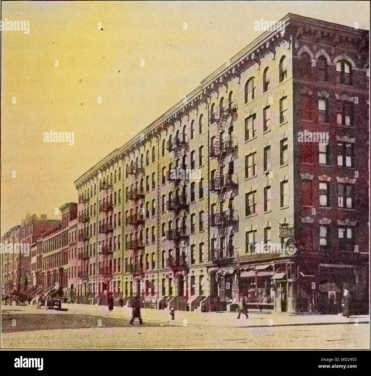 Engraving of a tenement building, New York City, New York, 1912. Courtesy Internet Archive. Note: Image has been digitally colorized using a modern process. Colors may not be period-accurate. () Stock Photo