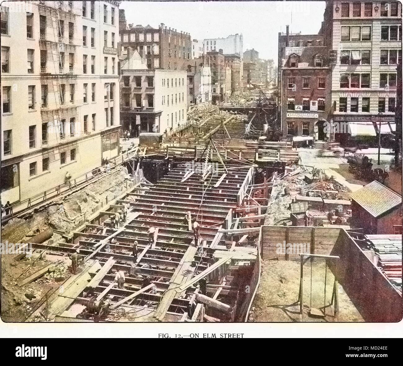 Photoengraving of construction of New York City's first subway line, along Elm Street and Lafayette Place, 1901. Courtesy Internet Archive. Note: Image has been digitally colorized using a modern process. Colors may not be period-accurate. () Stock Photo