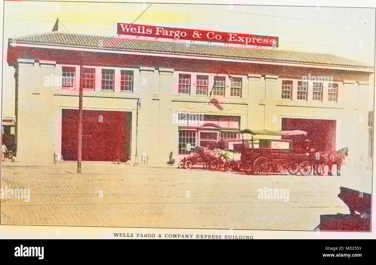 Black and white exterior photograph of a Wells Fargo, 1853. Courtesy Internet Archive. Note: Image has been digitally colorized using a modern process. Colors may not be period-accurate. () Stock Photo