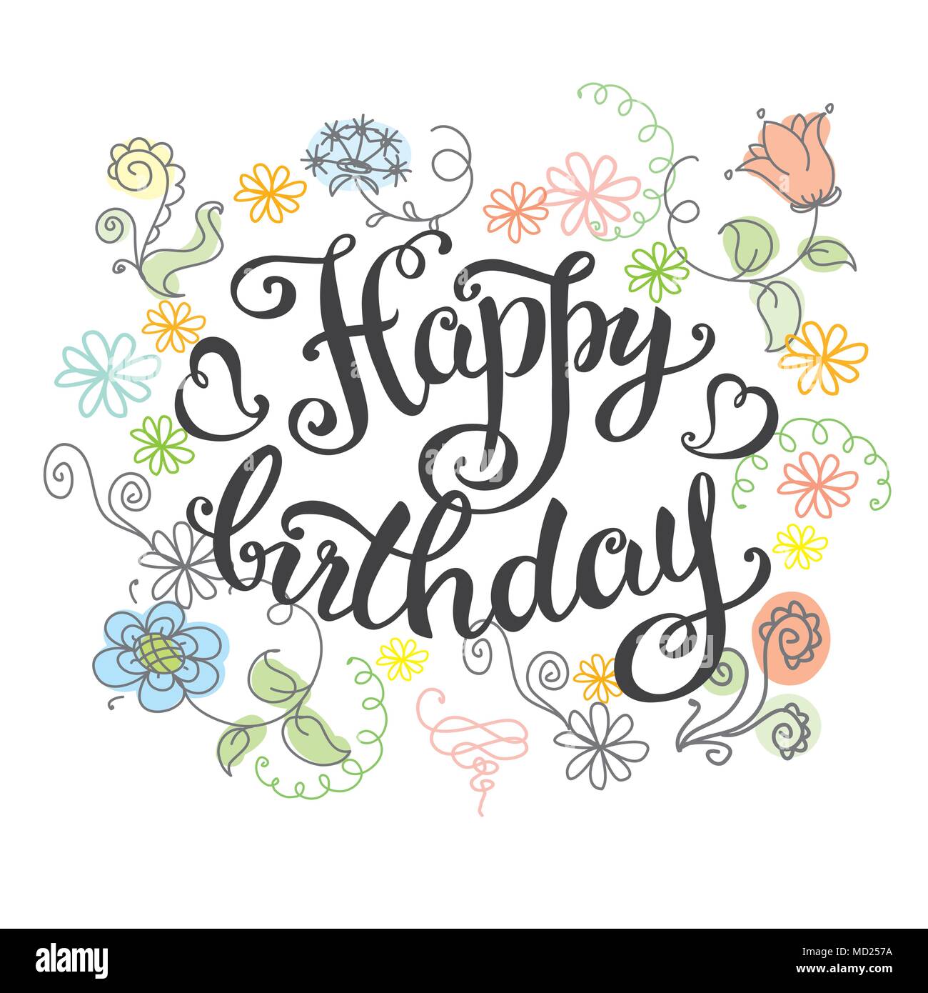 Happy Birthday Lettering With Floral Elements Greeting Card Or