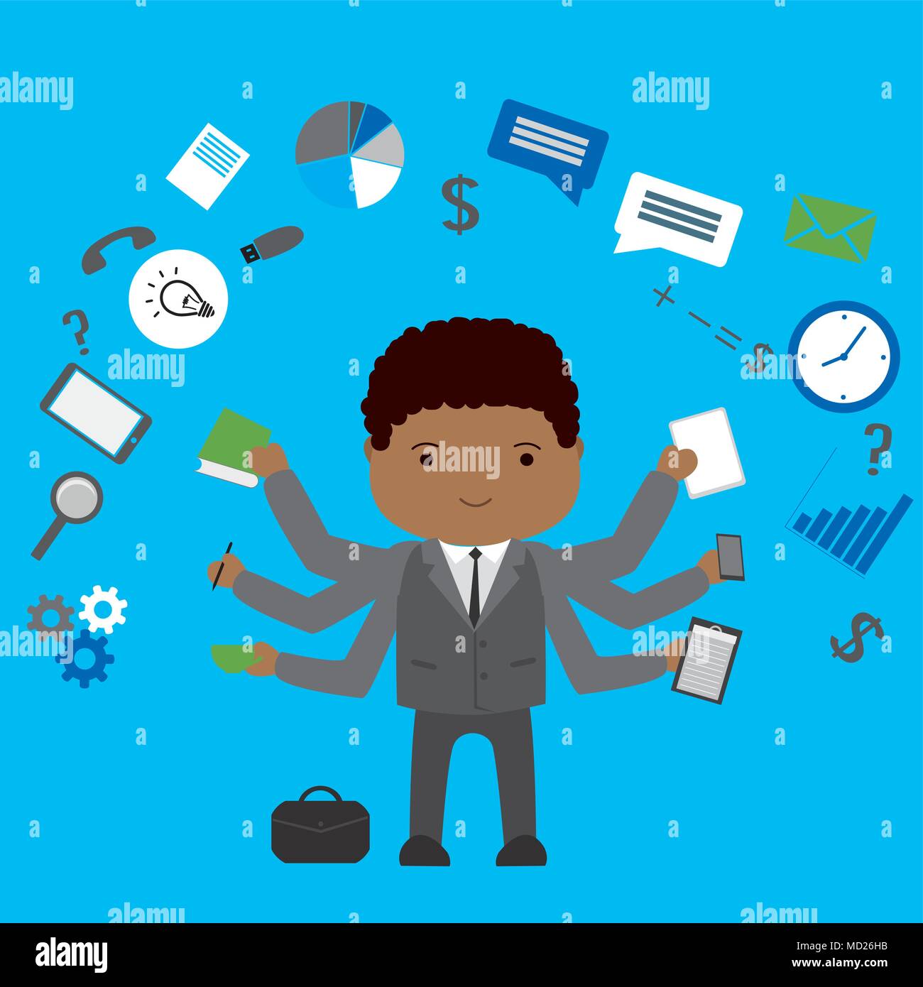 Multitasking  african american Businessman or office worker .Business man shiva with different objects and application,vector illustration Stock Vector