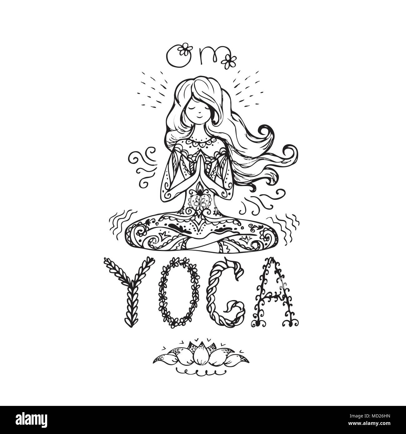 Girl in lotus yoga pose. Doodle hand drawn vector illustration in