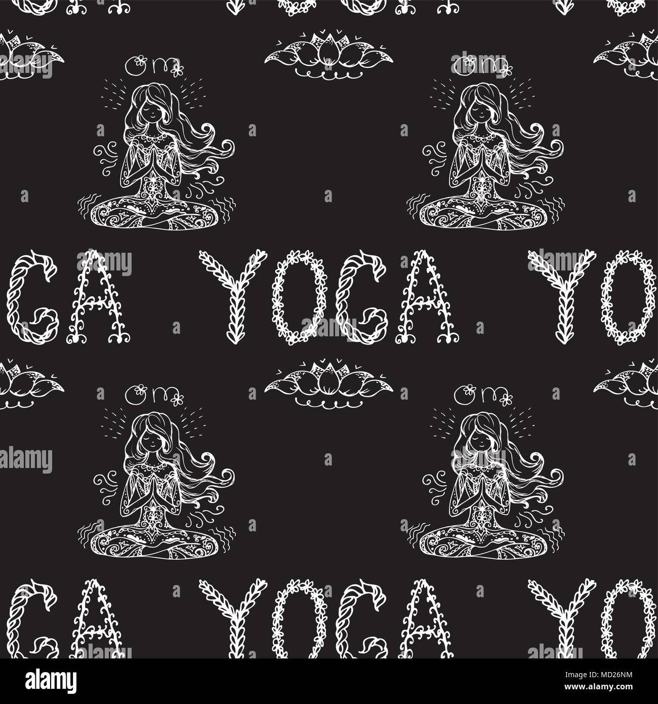 Girl In Lotus Yoga Pose Seamless Pattern Doodle Hand Drawn Vector