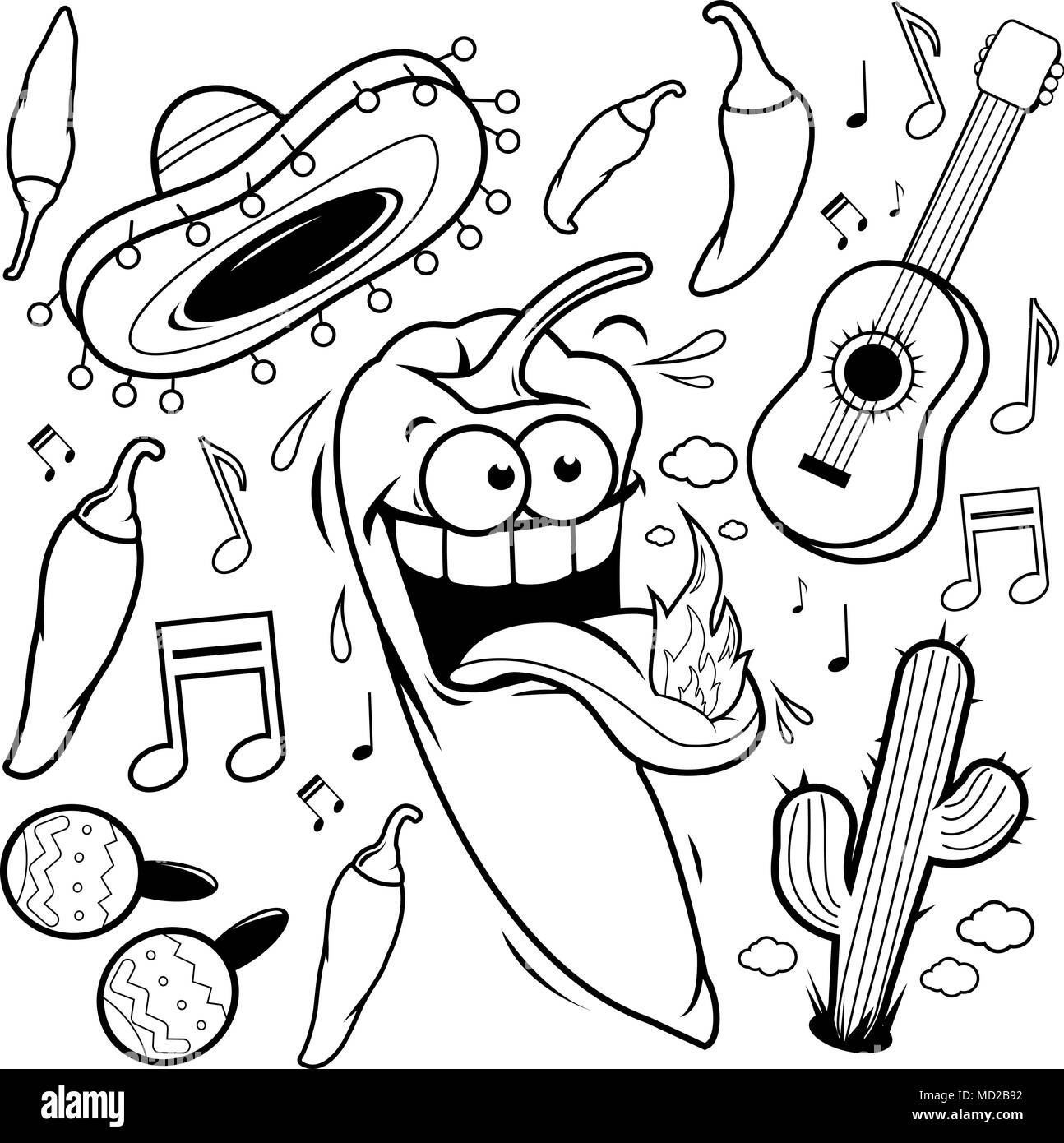 Mariachi chili pepper Mexican collection. Black and white coloring book page. Stock Vector