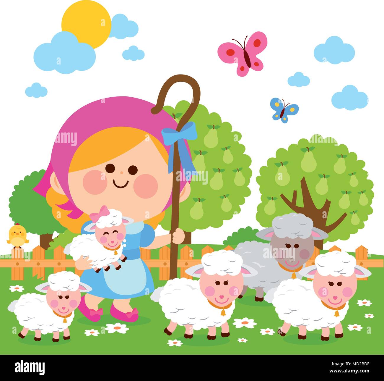 Little shepherdess girl with sheep. Vector illustration Stock Vector