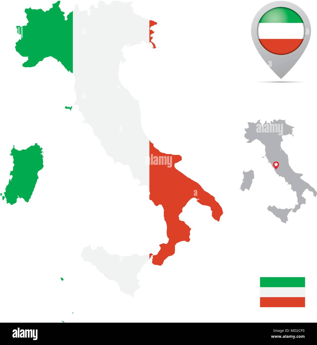 Italy map in national flag colors, flag,  marker and location of capital. Stock Vector