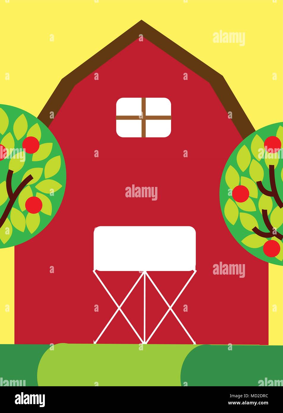 red farm barn wooden building and trees fruits Stock Vector