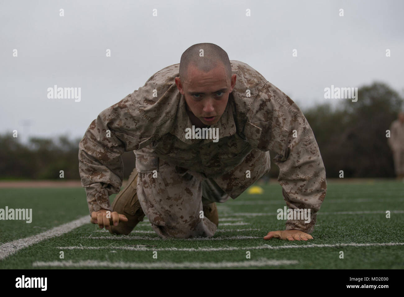 A recruit with Echo Company, 2nd Recruit Training Battalion, performs a high crawl during a combat fitness test at Marine Corps Recruit Depot San Diego, March 23. This is part of the maneuver under fire portion of the event, which simulates moving and maintaining a low profile in combat. Annually, more than 17,000 males recruited from the Western Recruiting Region are trained at MCRD San Diego. Echo Company is scheduled to graduate May 11. Stock Photo