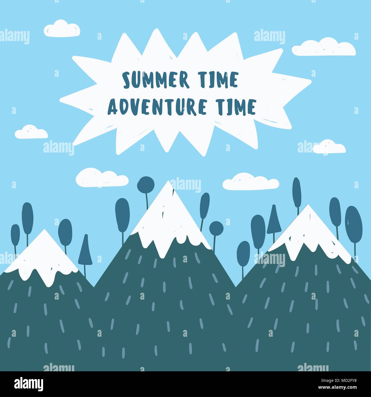 Blue mountains. Sticker and postcard illustration. Stock Vector