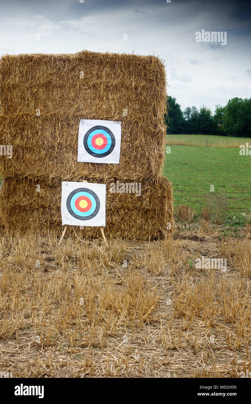 Archery target on the background of haystacks Stock Photo Alamy