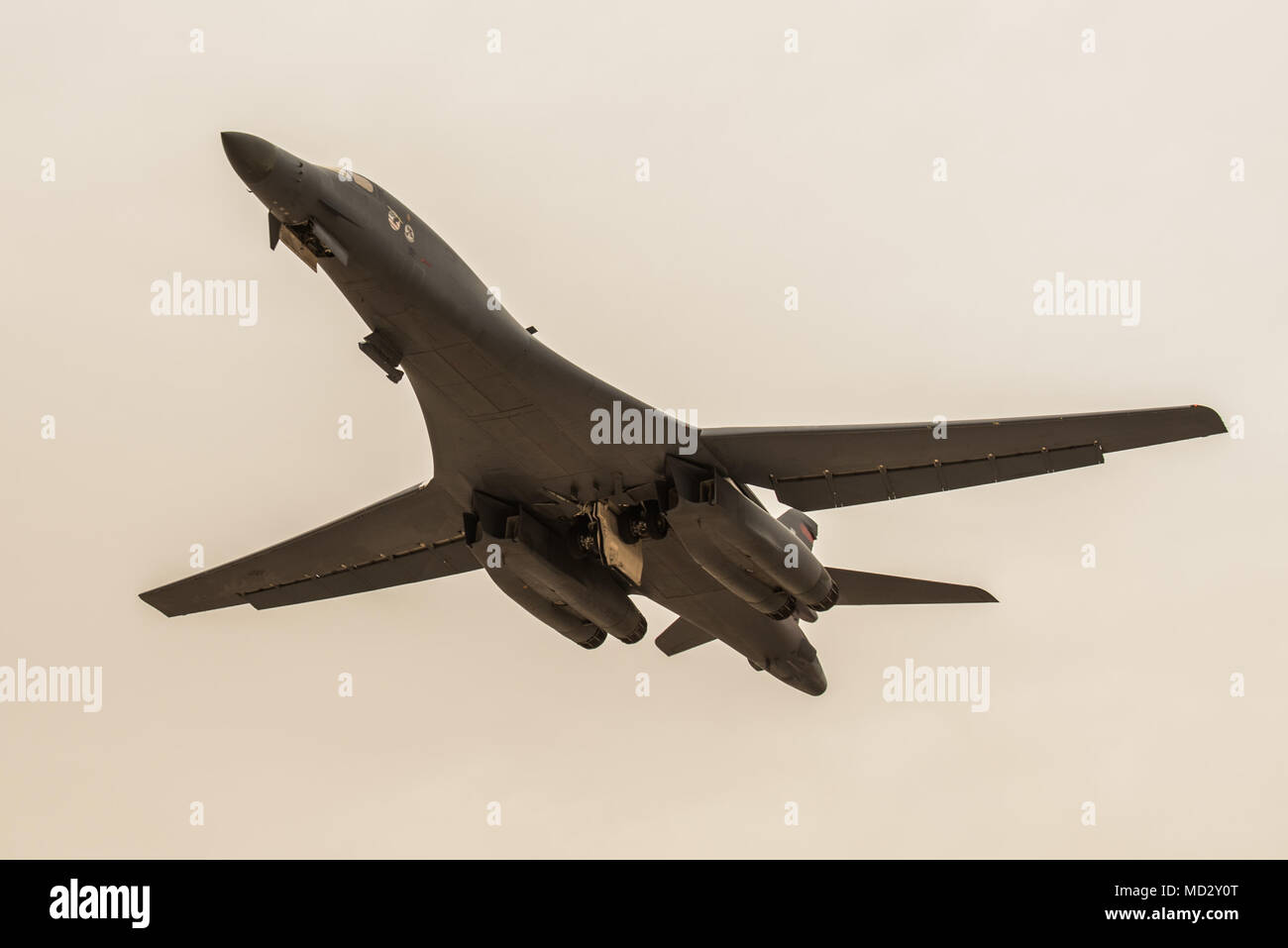 A B-1B Lancer aircraft from the 34th Bomb Squadron departs from Al Udeid Air Base, Qatar, April 8, 2017. This departure marks the airframe’s first mission in the U.S. Air Force Central Command's area of operations in more than two years. (U.S. Air Force photo by Staff Sgt. Joshua Horton) Stock Photo